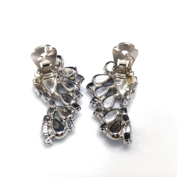 Vintage Blue Rhinestone Clip Earrings, Ear Climbers, Rhodium Plated, 1960s - Picture 7 of 10